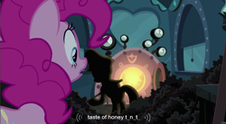 Size: 853x471 | Tagged: safe, derpibooru import, screencap, fluttershy, pinkie pie, earth pony, pegasus, pony, explosives, tnt, youtube caption