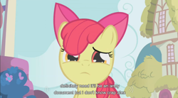 Size: 854x471 | Tagged: safe, edit, edited screencap, screencap, apple bloom, earth pony, pony, call of the cutie, caption, female, filly, sad, solo, youtube caption