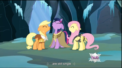 Size: 1366x768 | Tagged: safe, derpibooru import, screencap, applejack, clover the clever, fluttershy, private pansy, smart cookie, twilight sparkle, earth pony, pegasus, pony, unicorn, hearth's warming eve (episode), appletwishy, eyes closed, female, floppy ears, hearth's warming eve, hub logo, mare, youtube caption