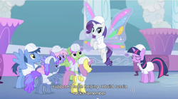 Size: 853x474 | Tagged: safe, derpibooru import, screencap, blueberry punch, blues, merry may, noteworthy, parasol, peppermint crunch, rainbowshine, rarity, twilight sparkle, pegasus, pony, unicorn, sonic rainboom (episode), female, gossamer wings, helmet, male, mare, stallion, youtube caption