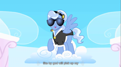 Size: 855x472 | Tagged: safe, screencap, madden, pegasus, pony, sonic rainboom (episode), cloud, god, headset, male, raised hoof, solo, stallion, sunglasses, youtube caption