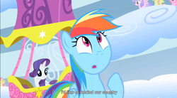 Size: 854x472 | Tagged: safe, derpibooru import, screencap, rainbow dash, rarity, pegasus, pony, unicorn, sonic rainboom (episode), female, hot air balloon, mare, twinkling balloon, youtube caption