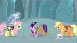 Size: 1366x768 | Tagged: safe, derpibooru import, screencap, applejack, clover the clever, fluttershy, princess platinum, private pansy, rarity, smart cookie, twilight sparkle, earth pony, pegasus, pony, unicorn, hearth's warming eve (episode), female, hatless, hearth's warming eve, hub logo, mare, missing accessory, youtube caption