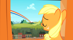 Size: 854x470 | Tagged: safe, derpibooru import, screencap, applejack, earth pony, pony, the cutie mark chronicles, female, filly, foal, solo, youtube caption