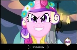 Size: 636x415 | Tagged: safe, screencap, princess cadance, alicorn, pony, hub logo, solo, youtube caption