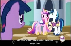 Size: 636x411 | Tagged: safe, screencap, princess cadance, shining armor, twilight sparkle, alicorn, pony, unicorn, female, male, shiningcadance, shipping, straight, youtube caption