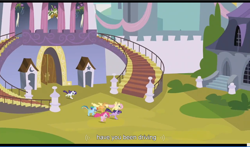 Size: 1278x749 | Tagged: safe, derpibooru import, screencap, applejack, fluttershy, pinkie pie, rainbow dash, rarity, twilight sparkle, earth pony, pegasus, pony, unicorn, a canterlot wedding, mane six, youtube caption