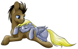 Size: 1024x647 | Tagged: safe, artist:marsh-mal-oh, derpy hooves, doctor whooves, earth pony, pegasus, pony, couple, cuddling, doctorderpy, eyes closed, female, floppy ears, love, male, mare, prone, shipping, simple background, smiling, stallion, straight, transparent background