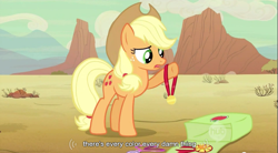 Size: 855x473 | Tagged: safe, derpibooru import, screencap, applejack, earth pony, pony, medal, solo, youtube caption