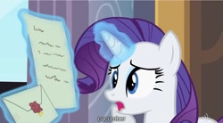 Size: 1279x705 | Tagged: safe, derpibooru import, screencap, rarity, pony, unicorn, sweet and elite, cucumber, solo, youtube caption