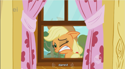 Size: 855x474 | Tagged: safe, derpibooru import, screencap, applejack, earth pony, pony, meme, solo, vulgar, youtube caption