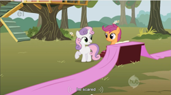 Size: 855x475 | Tagged: safe, screencap, scootaloo, sweetie belle, pegasus, pony, unicorn, duo, duo female, female, youtube caption