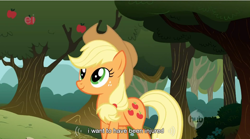 Size: 850x474 | Tagged: safe, derpibooru import, screencap, applejack, earth pony, pony, female, mare, solo, youtube caption