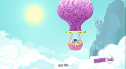 Size: 855x470 | Tagged: safe, edit, edited screencap, screencap, spike, twilight sparkle, dragon, hurricane fluttershy, caption, hot air balloon, hub logo, opening, twinkling balloon, youtube caption