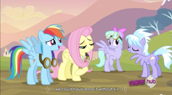 Size: 851x474 | Tagged: safe, derpibooru import, screencap, cloudchaser, flitter, fluttershy, rainbow dash, pegasus, pony, hurricane fluttershy, hub logo, youtube caption