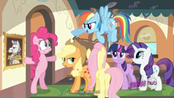 Size: 1366x768 | Tagged: safe, derpibooru import, edit, edited screencap, screencap, applejack, fluttershy, pinkie pie, rainbow dash, rarity, twilight sparkle, earth pony, pegasus, pony, unicorn, mmmystery on the friendship express, butt, caption, female, flutterbutt, hub logo, mane six, mare, plot, wide eyes, youtube caption, youtube link