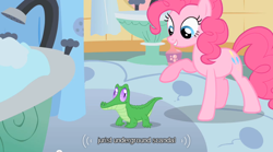 Size: 640x355 | Tagged: safe, derpibooru import, screencap, gummy, pinkie pie, earth pony, pony, female, mare, pink coat, pink mane, youtube caption