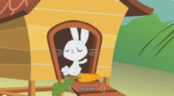 Size: 640x355 | Tagged: safe, screencap, angel bunny, carrot, catholicism, eyes closed, food, pope, youtube caption