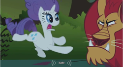 Size: 642x350 | Tagged: safe, derpibooru import, screencap, manny roar, rarity, manticore, pony, unicorn, date, youtube caption