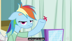 Size: 630x357 | Tagged: safe, derpibooru import, screencap, rainbow dash, pegasus, pony, blue coat, blue wings, female, mare, multicolored mane, simple background, smiling, solo, youtube caption