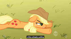 Size: 638x353 | Tagged: safe, derpibooru import, screencap, applejack, earth pony, pony, blonde mane, female, mare, orange coat, solo, youtube caption