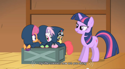 Size: 640x355 | Tagged: safe, screencap, apple bloom, scootaloo, sweetie belle, twilight sparkle, youtube caption