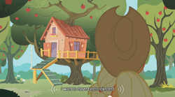 Size: 640x355 | Tagged: safe, derpibooru import, screencap, applejack, earth pony, pony, apple tree, clubhouse, crusaders clubhouse, tree, youtube caption
