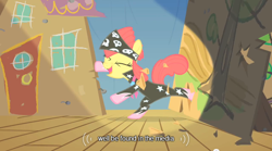 Size: 640x355 | Tagged: safe, screencap, apple bloom, earth pony, apple bloom's bow, female, filly, hair bow, red mane, yellow coat, youtube caption