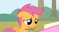 Size: 640x354 | Tagged: safe, screencap, scootaloo, pegasus, female, filly, orange coat, purple mane, solo, youtube caption