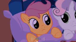 Size: 640x355 | Tagged: safe, screencap, scootaloo, sweetie belle, pegasus, pony, unicorn, duo, duo female, female, youtube caption