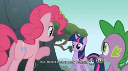 Size: 638x356 | Tagged: safe, derpibooru import, edit, edited screencap, screencap, pinkie pie, spike, twilight sparkle, dragon, earth pony, pony, unicorn, feeling pinkie keen, butt, caption, ei, female, hub logo, male, mare, plot, transformers, youtube caption