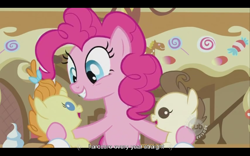 Size: 640x400 | Tagged: safe, derpibooru import, screencap, pinkie pie, pound cake, pumpkin cake, earth pony, pony, baby cakes, hub logo, youtube caption