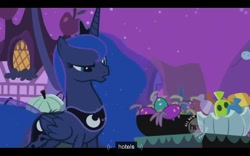 Size: 640x400 | Tagged: safe, screencap, princess luna, alicorn, pony, luna eclipsed, candy, crown, curious, ethereal mane, female, flowing mane, folded wings, food, jewelry, mare, night, nightmare night, plushie, ponyville, pumpkin, raised eyebrow, regalia, solo, sparkling mane, toy, wings, youtube caption