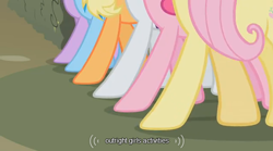 Size: 638x356 | Tagged: safe, derpibooru import, screencap, applejack, fluttershy, pinkie pie, rainbow dash, rarity, twilight sparkle, earth pony, pegasus, pony, unicorn, the return of harmony, canterlot hedge maze, hooves, legs, youtube caption