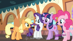 Size: 636x354 | Tagged: safe, derpibooru import, screencap, applejack, pinkie pie, rarity, twilight sparkle, earth pony, pony, unicorn, mmmystery on the friendship express, hub logo, youtube caption