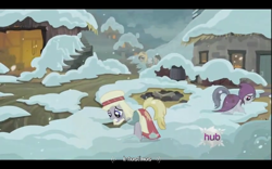 Size: 640x400 | Tagged: safe, screencap, doctor whooves, flurry, earth pony, pony, hearth's warming eve (episode), charcoal bakes, dirty, frown, gritted teeth, hearth's warming eve, hub logo, looking down, peasant, sad, scared, snow, snowfall, wide eyes, worried, youtube caption