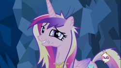 Size: 1366x768 | Tagged: safe, screencap, princess cadance, alicorn, pony, a canterlot wedding, hub logo, solo, youtube caption, youtube link