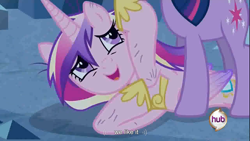 Size: 1366x768 | Tagged: safe, screencap, princess cadance, twilight sparkle, alicorn, pony, a canterlot wedding, hub logo, low quality, masochism, youtube caption, youtube link