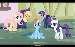 Size: 1024x640 | Tagged: safe, derpibooru import, screencap, applejack, fluttershy, rainbow dash, rarity, twilight sparkle, earth pony, pegasus, pony, unicorn, the mysterious mare do well, hub logo, monica lewinski, youtube caption