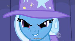 Size: 853x473 | Tagged: safe, screencap, trixie, pony, unicorn, blue coat, female, horn, mare, solo, two toned mane, youtube caption