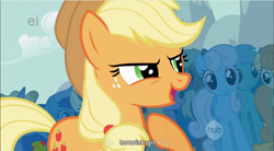 Size: 856x473 | Tagged: safe, derpibooru import, screencap, applejack, earth pony, pony, ei, hub logo, terrorist, youtube caption