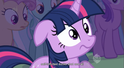 Size: 855x471 | Tagged: safe, screencap, twilight sparkle, pony, unicorn, female, mare, purple coat, solo, youtube caption