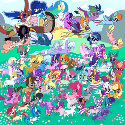 Size: 5000x5000 | Tagged: safe, artist:dragonpone, derpibooru exclusive, idw, amethyst star, applejack, berry punch, berryshine, big macintosh, blossomforth, bon bon, bon bon (g1), button mash, carrot top, cheerilee, cloudchaser, coco pommel, coloratura, derpy hooves, dinky hooves, discord, dj pon-3, doctor whooves, flitter, fluttershy, golden harvest, king sombra, lily longsocks, limestone pie, lyra heartstrings, maud pie, minty bubblegum, minuette, moondancer, night glider, night light, nurse redheart, octavia melody, pinkie pie, prince blueblood, princess cadance, princess celestia, princess ember, princess flurry heart, princess luna, quiet gestures, rainbow dash, rarity, roseluck, ruby pinch, screwball, shining armor, sparkler, spike, starlight glimmer, sunburst, sunflower spectacle, sunset shimmer, sunshine smiles, sweetie belle, sweetie drops, thorax, trixie, twilight sparkle, twilight sparkle (alicorn), twilight velvet, vinyl scratch, violet spark, zecora, alicorn, changedling, changeling, dragon, earth pony, pegasus, pony, unicorn, zebra, g1, spoiler:comic, spoiler:comic40, ..., :3, :<, absurd resolution, alcohol, alicorn pentarchy, angry, backwards ballcap, baseball cap, basket, belly button, blossom delight, blush sticker, blushing, book, boop, butt freckles, butthug, cap, cheek pinch, cheek squish, chest fluff, clothes, countess coloratura, cross-popping veins, cup, discoshy, doctorderpy, drinking, ear fluff, exclamation point, eyes closed, face down ass up, fashion plate, feather, female, floppy ears, flower, flying, food, freckles, g1 to g4, generation leap, glasses, hair over one eye, happy, hat, holding a pony, hug, impossibly large chest fluff, intertwined tails, jasmine tea, jumping, king thorax, kissy face, lesbian, levitation, lidded eyes, looking at each other, looking at something, looking at you, looking back, looking up, lyrabon, magic, male, mane seven, mane six, messy mane, mime, mouth hold, music notes, older, older spike, one eye closed, open mouth, ponies riding ponies, prone, pronking, raised hoof, reading, reformed four, rock, scared, scarf, shipping, shrunken pupils, singing, smiling, spread wings, squishy cheeks, starry eyes, straight, sun, sunglasses, surprised, sweat, tail hug, talking, teacup, teenage spike, teenager, telekinesis, tongue out, tripping, unamused, upside down, walking, wall of tags, watermelon, wine, wine bottle, wingding eyes, winged spike, wings, worried