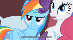 Size: 640x355 | Tagged: safe, derpibooru import, edit, edited screencap, screencap, rainbow dash, rarity, pegasus, pony, unicorn, over a barrel, butt, caption, female, mare, pillow, plot, youtube caption