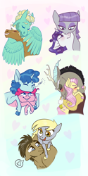Size: 1024x2048 | Tagged: safe, artist:loryska, derpy hooves, discord, doctor whooves, fluttershy, maud pie, party favor, pinkie pie, rarity, trenderhoof, zephyr breeze, earth pony, pegasus, pony, unicorn, blushing, discoshy, doctorderpy, female, gay, kissing, lesbian, male, neck nuzzle, nuzzling, partypie, rarimaud, shipping, ships ahoy, straight, trenderbreeze, wing hands