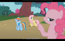 Size: 1024x640 | Tagged: safe, derpibooru import, screencap, fluttershy, pinkie pie, rainbow dash, earth pony, pegasus, pony, dragonshy, youtube caption