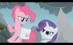 Size: 1024x640 | Tagged: safe, derpibooru import, screencap, pinkie pie, rarity, earth pony, pony, unicorn, dragonshy, youtube caption