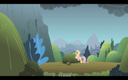 Size: 1024x640 | Tagged: safe, derpibooru import, screencap, fluttershy, pegasus, pony, dragonshy, food, pizza, youtube caption