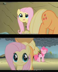 Size: 1024x1280 | Tagged: safe, derpibooru import, screencap, applejack, fluttershy, pinkie pie, earth pony, pegasus, pony, dragonshy, youtube caption