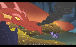 Size: 1024x640 | Tagged: safe, screencap, basil, twilight sparkle, dragon, dragonshy, finite world, twilight alias, youtube caption